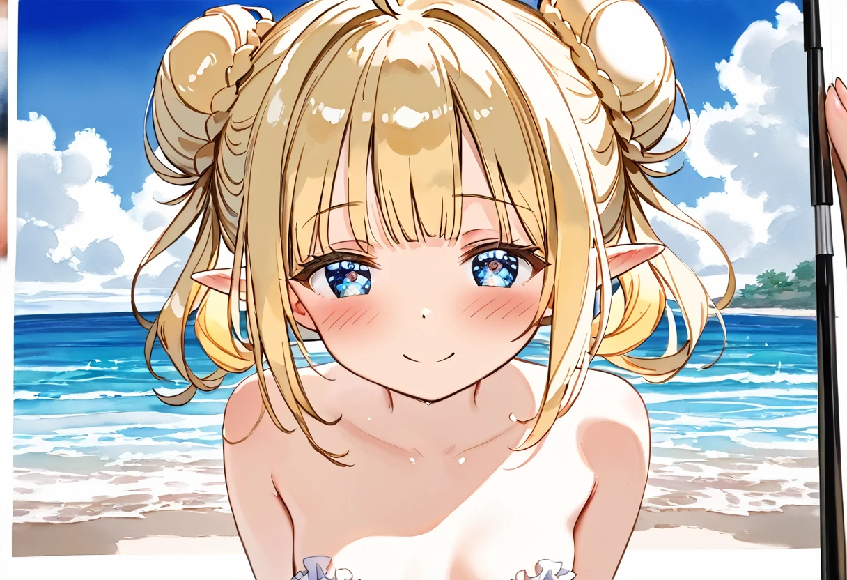 breast focus, nsfw, nude, ((show off nipple:1.2)), ((watercolor painting)), pretty, 8k, ((petite:1.8)), ((orgasm)), happy smile, glossy blonde hair, blue eyes, beautiful detailed eyes, ahoge, elf, ((blush:1.5)), frilled bikini and striped bikini, two hair buns and single hair bun, beach, glow hair, crystal hair, iridescent hair, medium breasts