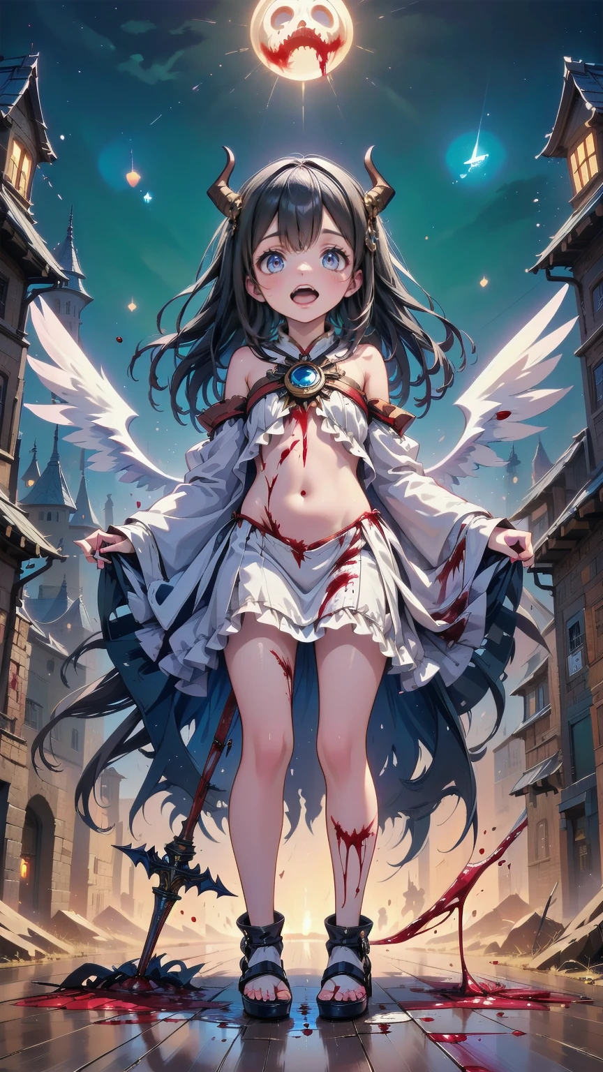 (Highest quality,4K,High resolution,masterpiece:1.2),Very detailed,Realistic:1.37,Spooky altar background,Dark fantasy,Red color scheme,Ominous atmosphere,Eye-catching,Storytelling,anatomy,Anime Style,Concept Art,beautiful細部までこだわった顔と (((Red eyes ))),A terrifying ritual ,Satanic Ritual,Premature death,inappropriate behavior,クレイジーなsmile,Scythe Face,Girl Monster, beautiful, Delicate facial features, Sharp Eye, Sharp Fangs, pale skin, Thick chain, Dark Background, Cinema Lighting, Dramatic Shadows, Gothic style, Gloomy atmosphere, Confused, High resolution, Very detailedな, (Three Girls:1.3), (Sleepy look, Laughter, missionary work) break , Scrapbooking, Memory Storage, Creative layouts, Mixed Media Collage, 個人的なStorytelling, Artistic documentation, keepsake albums break , Angular shape, Dynamic Movement, Bold geometry, Fragmented Shape, Striking contrast, modernist influence break ,sunny,winter,Back of the school building,men and women,Confession,School,School,reflection,,Friendly atmosphere, comfortable , Please open your mouth wide, Open your mouth and baring your teeth,Sharp teeth like a beast, Wide lips, very wide mouth, Vermilion cheeks, ,(Blood splatter:1.4),Scary smile, smile,Fallen angel design, Twisted smile、Bloody、bleeding from the head,,,,,、Blood splatter、,(Blood splatter:1.4),Crossbones, skull,Horror Style, ((Fantasy Fallen Angel Costume)), ((Flowing black hair)), ,(Blood splatter:1.4),Female curves, Sexy flat stomach, Perfect hands, Perfect anime face, ((White Lolita Dress)), Are standing, ((邪悪なsmile)), ,(Blood splatter:1.4), Steam circulates, Moonlight Illumination, night lighting, disaster々new devil horns,,(Blood splatter:1.6),アニメFallen angel design, Twisted smile、Bloody、bleeding from the head,,,,,、Blood splatter、,(Blood splatter:1.4),Crossbones, skull,Gothic architecture、Western architecture、Fantasy World、,Victorian cities, Skeleton Gas Light,Absurd, High resolution、 ((Tabletop)), ((Highest quality)), (Very detailedな), ((Very detailed)), (beautiful), ((pretty girl)), (NFSW:1.8), alone,(10 years old:1.6)、(world&#39;The most terrifying and creepy demon girl:1.5)beautiful face、Whole Body Ezbian、pale, Beautiful Skin、beautiful黒の髪、Smiling Kindly、Dark building ruins、(snow white&#39;Frill dress:1.3)、(The dark ruins are stained with blood:1.3)、Low angle full body shot、(少女は血の海の中にAre standing:1.5)、(The ground is full of blood:1.3)、(The girl lost a lot of blood...:1.3)、)、(クレイジーなsmile:1.6)、Spirits、(Blood dripping from the mouth:1.3)