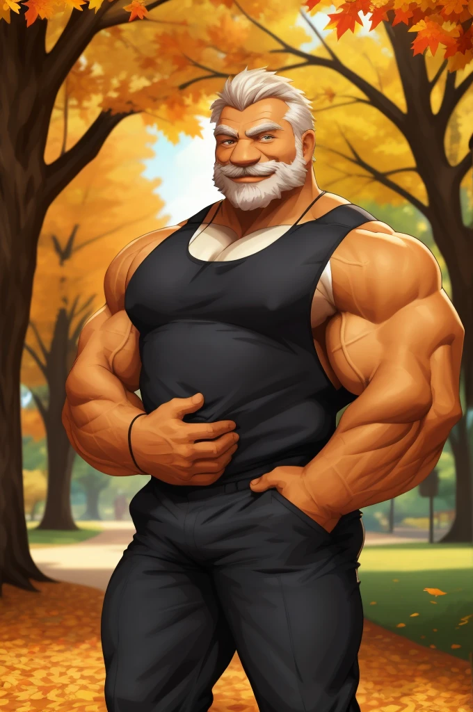 a muscular old man in park, tank top, happy, autumn, suits, vector, mwvector, bokeh, smile, (masterpiece:1.2),(best quality,8k),huge and muscular,thick arms,short hair,white hair,hand on pocket