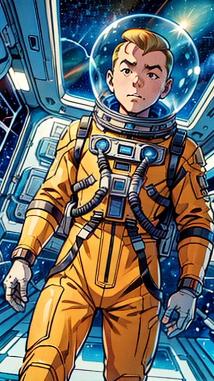 (1man, Tintin,1boy), (extremely detailed CG unit 8k wallpaper),(master part), (best quality), (ultra detail), (best illustration),(kirbywood, drawing, vintage color comics), cowboy shot, (Sharp eyeliner, ombre, detailed eyes:1), Outer Space Station interiors background, ,break , (astronaut in an orange space suit), upper body,short hair ,blonde hair, 