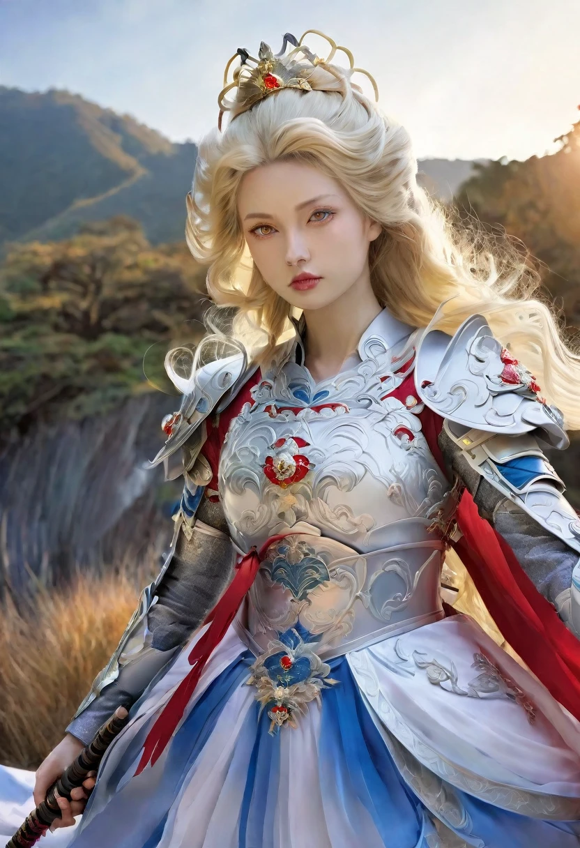 a princess with red and gold sumai armor, shougan armor, holding a long katana, glassy yellow eyes, blonde long hair, fighting with many monsters, epic, landscape view