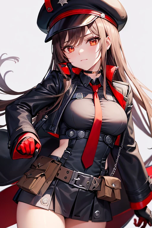 Rapi, Belt Pouch, Hat, Brown hair, Black hat, red necktie, beret, closed mouth, cropped jacket, choker, gloves, neck tie, Red gloves, black jacket, utility belt, thigh-high socks, Open clothes, Black Leotard, solo, long hair, 1girl, belt, black choker, red eyes, big breasts, long-sleeves, leotard, indoors, smile