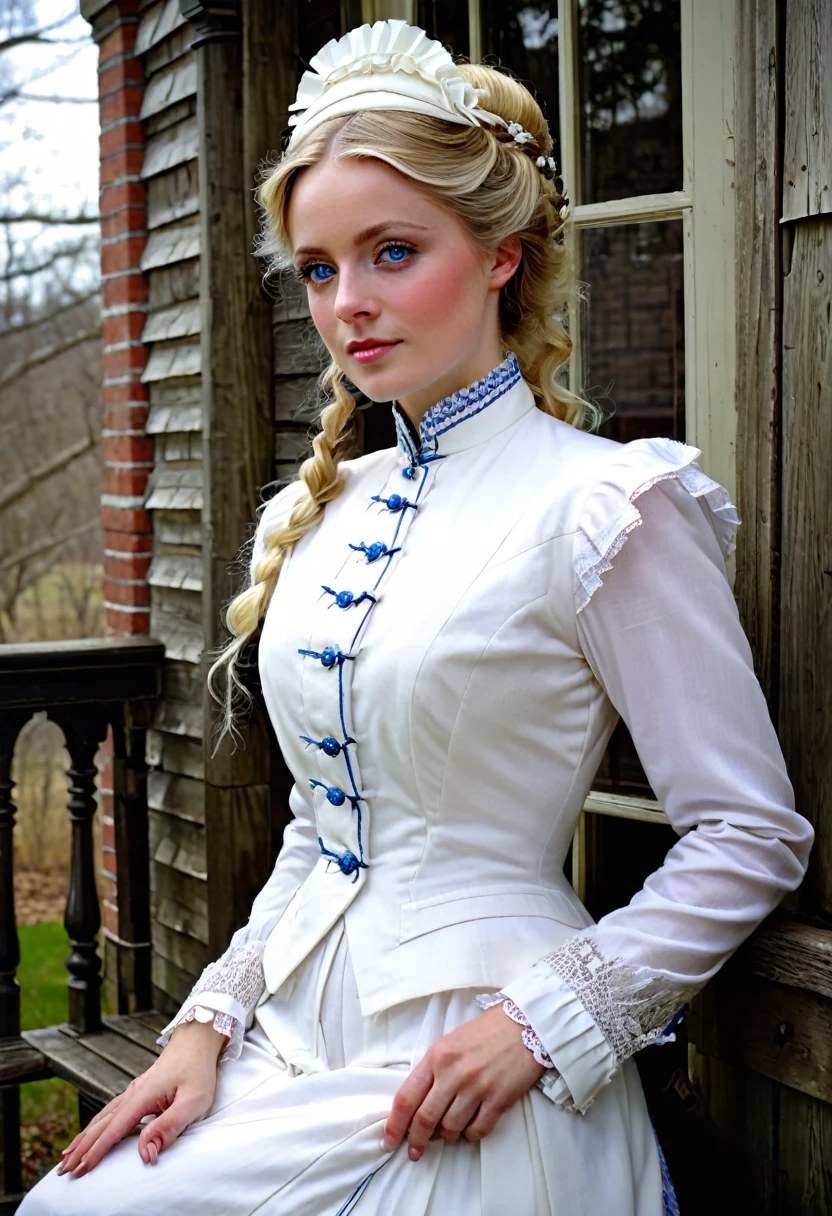 There is a beautiful woman, blue eyed blonde, (in a white dress), (Victoria style suit), 1 8 7 0 s Seasonal clothing, Victorian Clothes, victory, victorian dress, 1 8 8 0 s style, in victorian aristocrat, usando Victorian Clothes, intricate victorian dress, victorian inspired clothing, com Victorian Clothes, wearing clothes from the 1860s