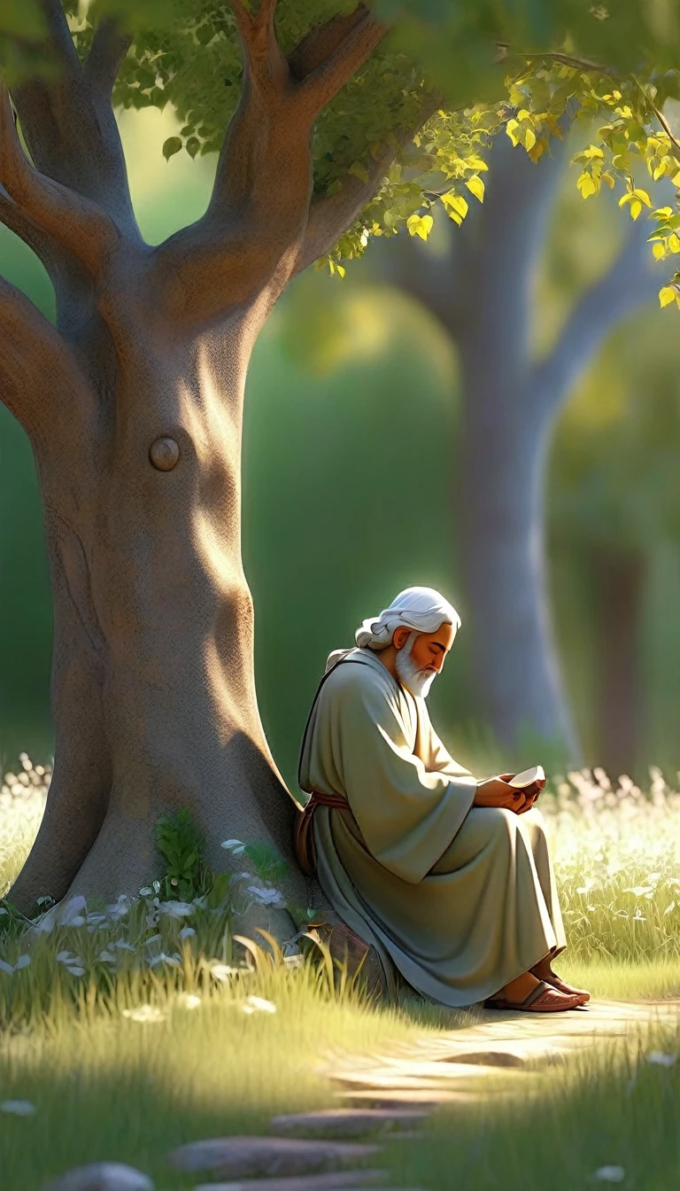 Sob a serene glass, on a peaceful day, a man kneels, in voracious prayer. Bible in hands, words of light, seek the comfort that faith always translates. The shadow of the tree, shelter and refreshment, a sacred encounter, an ethereal moment. With eyes closed and heart open, pray with fervor, look for the right path. Every leaf that falls, a divine whisper, guiding your words, showing the destination. On sacred ground, your soul surrenders, to God omnipresent, his life he extends. under the tree, symbol of life and shelter, a man and his faith, in an old dialogue. kneeling in prayer, her strength she renews.
