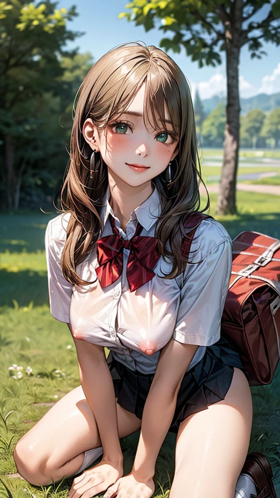 (masterpiece:1.2, top-quality), (realistic, photorealistic:1.4), beautiful illustration, (natural side lighting, movie lighting), 
looking at viewer, cowboy shot, front view:0.6, 1 girl, japanese, high school girl, perfect face, cute and symmetrical face, shiny skin, 
(long hair:1.8, straight hair:1.7, light brown hair), parted bangs, emerald green eyes, long eye lasher, (large breasts:0.9, thick thighs), 
beautiful hair, beautiful face, beautiful detailed eyes, beautiful clavicle, beautiful body, beautiful chest, beautiful thigh, beautiful legs, beautiful fingers, 
((, white collared shirts, black pleated mini skirt, black socks, brown loafers, red bow tie)), break, hoop ring earrings, pink panties, dark blue school bag, violet cardigan, break,
(beautiful scenery), evening, riverside, walking, hands on chest, (lovely smile, upper eyes), A masterpiece, top quality, highest definition, 32K, one big dog, one beautiful woman. Platinum blonde, straight hair in one length. Slit eyes, green eyes, model like, beautiful,
shirt, mini tight skirt. In the grass of a meadow, a girl stands, slightly, legs open. A complete body. Perfect hands and legs.

Her face, bright red, flush and shy.
You can see her nipples standing out, even through her shirt. （The skirt is shorter than normal, but even so, it is a very short mini pleated skirt that almost reveals her panties.)The girl's hair is platinum blonde.

(The skirt is very short.) The girl's hair is brown.(A woman is on all fours in a grassy field. A woman is carrying a large dog on her back.) A complete body. Perfect hands and legs.

Her face, bright red, flush and shy.
Her large breasts and nipples are standing out, even through the top of her shirt. （The skirt is shorter than normal, but even shorter, so short that you can almost see her panties.)The girl has brown hair.

(The skirt is extremely short.) The girl's hair is brown.