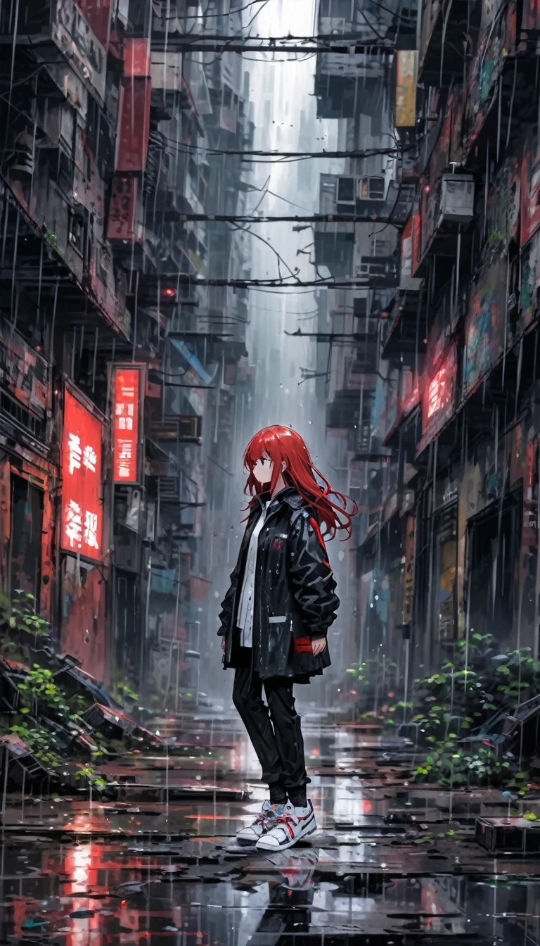 Red-haired girl with a black jacket, black pants, white sneakers, in the middle of an abandoned and raining city