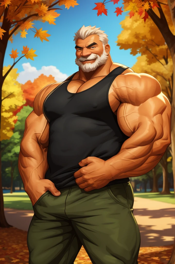 a muscular old man in park, tank top, happy, autumn, vector, mwvector, bokeh, smile, (masterpiece:1.2),(best quality,8k),huge and muscular,thick arms,short hair,white hair,hand on pocket