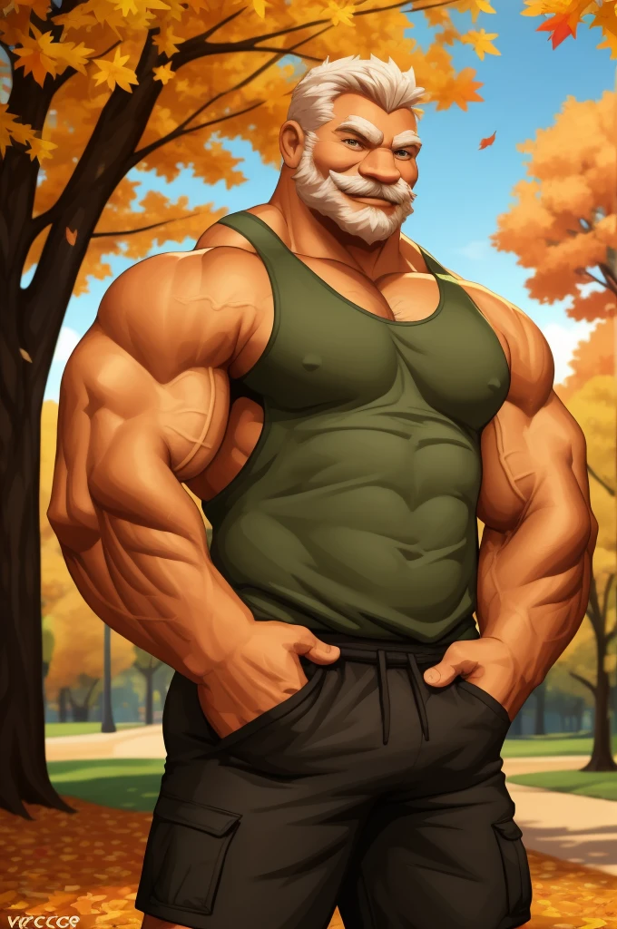 a muscular old man in park, tank top, happy, autumn, vector, mwvector, bokeh, smile, (masterpiece:1.2),(best quality,8k),huge and muscular,thick arms,short hair,white hair,hand on pocket