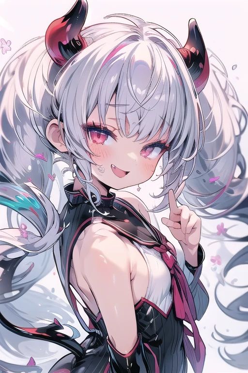 solo,Whole body、(looking back over their shoulder), Young face、long silver Hair、long Twin tails、Spoiled brat、Immature body、(Small breasts)、smile、(Thick thighs:1.5)、red eyes、Backwards、looking at viewer、Open mouth、double teeth、fang、blushing and sticking out her cute tongue, tongue out、sensational、Back view, Character portrait, whole body、hand sign、メイド服、フリルのついた服、little demon's horns and a tail、Slanted eyes、big Buttocks、peace sign