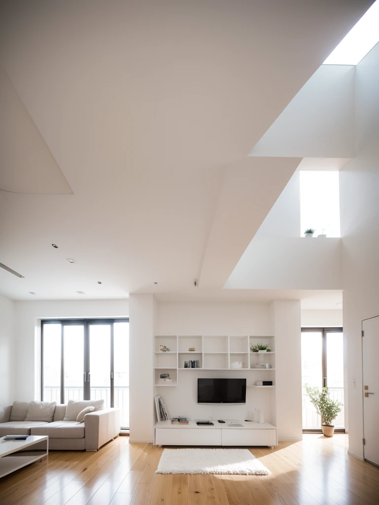 Indoor scene, white minimalist living room, vertical home decoration design, European style warm light
