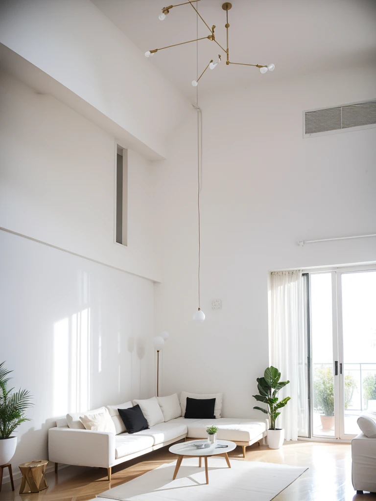 Indoor scene, white minimalist living room, vertical home decoration design, European style warm light