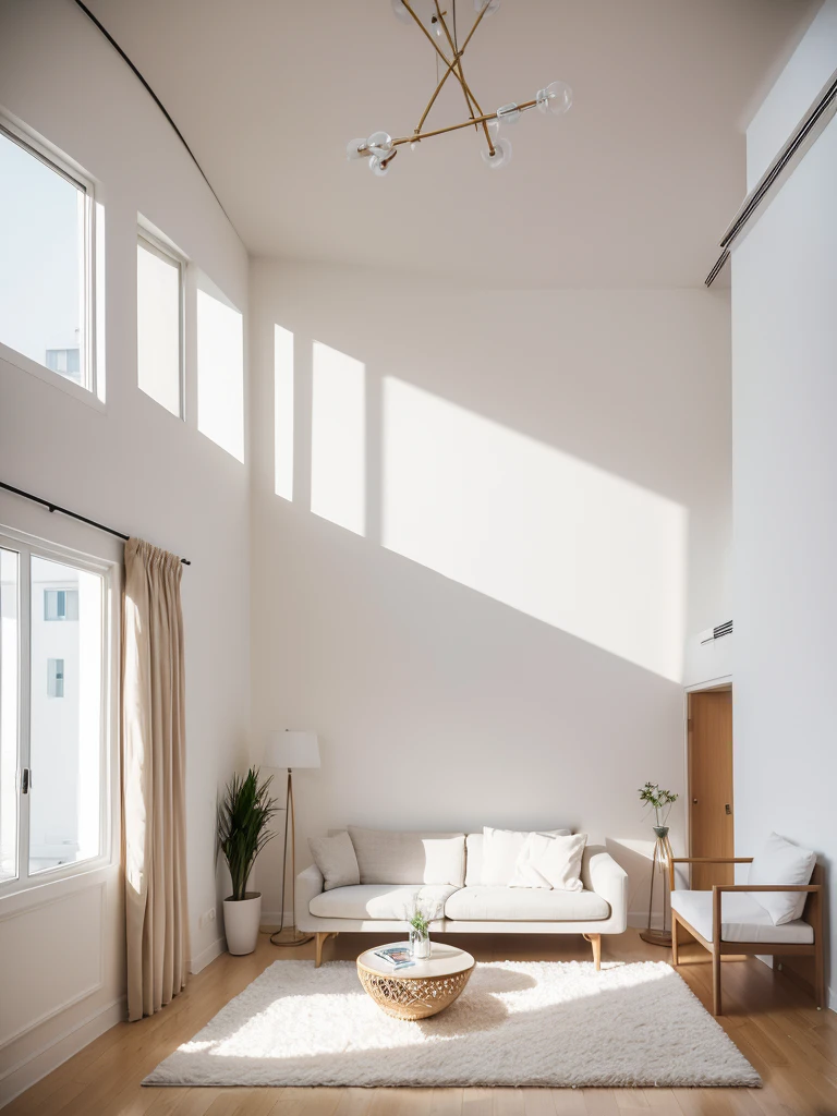 Indoor scene, white minimalist living room, vertical home decoration design, European style warm light