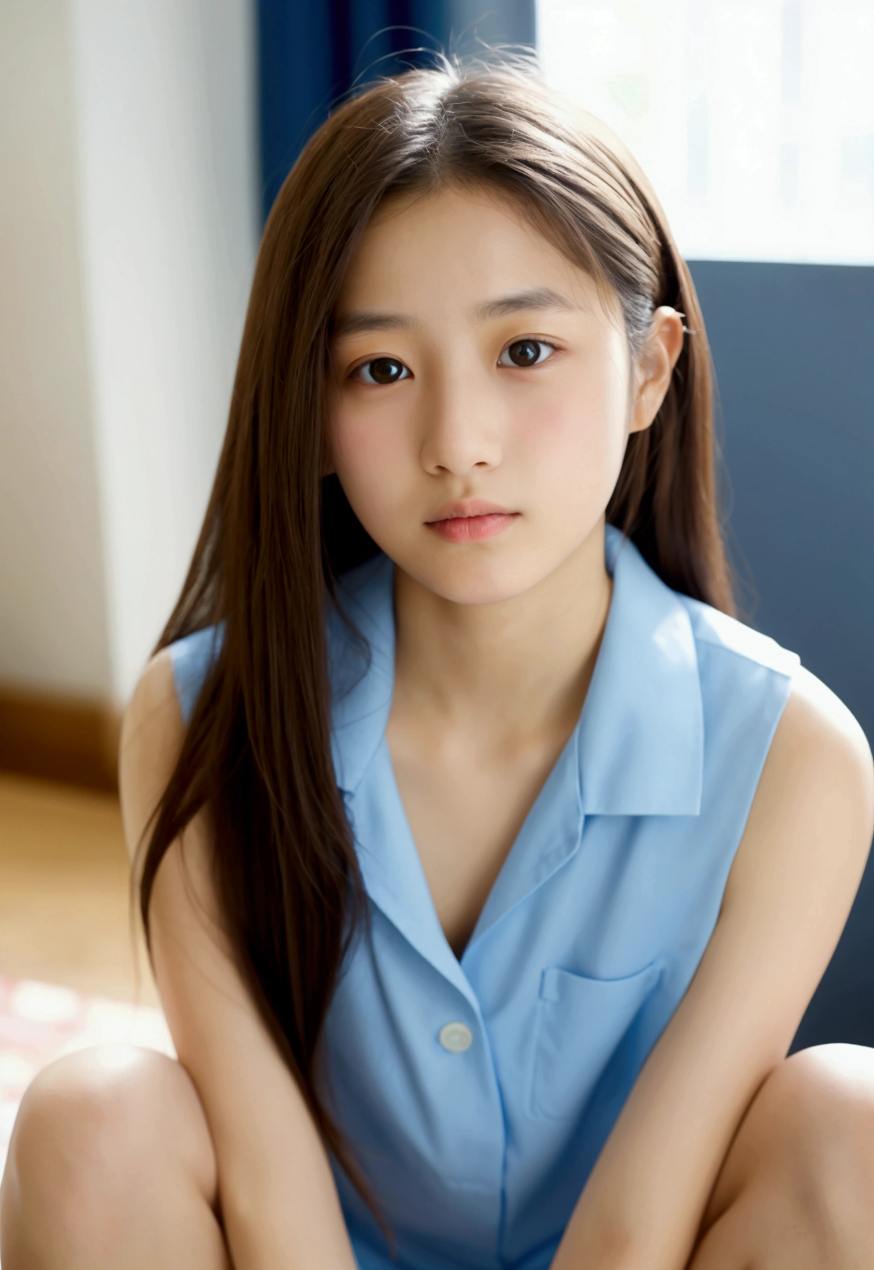 lens: 135mm f1.8,(Highest quality),(Tabletop:1.1), (Beautiful 14 year old Japanese girl), (Moisturized lips), Narrow eyes, double eyelid,Delicate clavicle,Flat Chest,Shortcuts,
(Let me me'Let me'Let's take another look), (close:1.4), shame, A faint smile,
(Bright lighting:1.2), Professional Lighting,
(Completely naked、School Uniform), (Sunburned skin:0.2),Full body photo、Full Body Focus、Sit on the floor with your legs open
