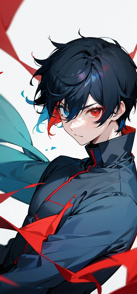 1 boy anime, short black hair,(((heterochromic red and blue))), blue Clothes