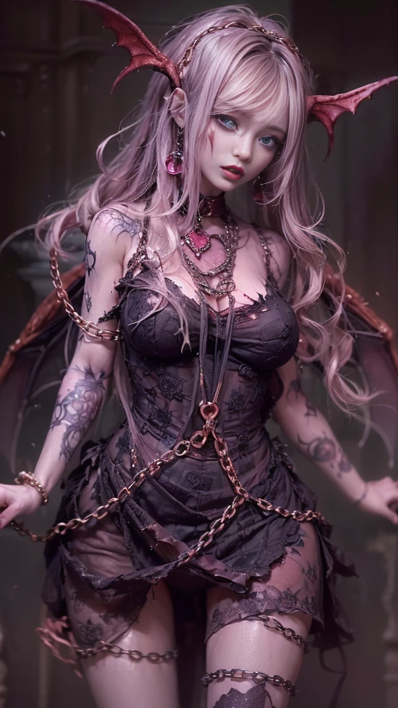 (32K:1.5, Dark fantasy:1.4, Highest quality, masterpiece, Ultra-high resolution), Perfect dynamic composition:1.3, Horror Portrait, chaos, Dark Background:1.3, Prisoner, slave, Obscene lines, Dark Demon World, disaster々Shii, (Detailed tattoos on the whole body:1.4, Wearing exquisite jewelry:1.4), Very detailedな肌と顔の質感:1.3, Very accurate, Very detailed, (Sexy succubus demon with big wings:1.3, Incredibly slim body:1.3, 美Shiily、美Shii:1.3), Horn, Fair skin, Sensual posture, ((Putting Badly Torn Clothing Back on Properly:1.3)), Mid-chest, (Big eyes that exude 美Shii eroticism:0.4, 激Shii愛撫を感じてください:1.0, Open your mouth a little, lipstick, Feel the 美Shii eroticism:0.9, Too sexy:0.9, charm的な:0.9), ((Bloody:1.5, Covered in scars:1.5, Body necrosis:1.6, Lots of chains:1.6, Countless chains tangled in clothes:1.6, Chain your right arm:1.5, Chain the left arm:1.5, The right leg is bound with a shackle and chain:1.5, The left leg is bound with a shackle and chain:1.5)), Super long blonde curly hair, Earrings, necklace, bracelet, romantic, mysterious, elegant, Object of admiration, original, dramatic, artistic, Innovative, charm, Heartful, Fancy, sense of openness, sense of cleanliness, special, exciting, Extreme, Tilt, sense of loss, sorrow, sorrowの表現, ((大人のcharm, 女性的なcharm))