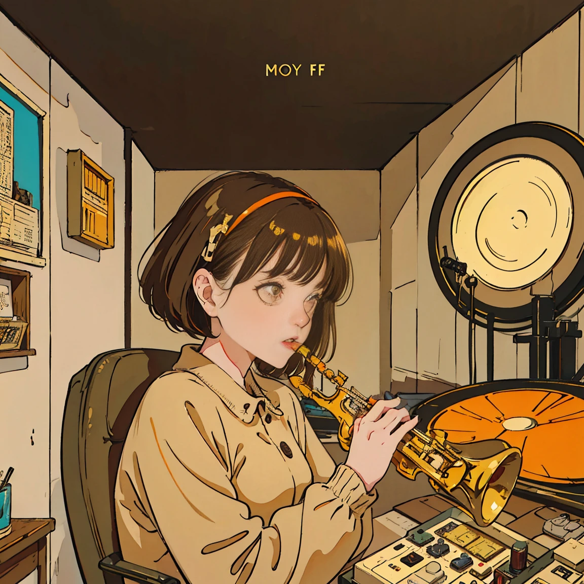 artist name: pkjy album title: LO-FI JAZZ HIPHOP MIXTAPE VOL.1 Mood and theme: lo-fi jazz hip hop, Comfortable and vintage feel Main image: MPC Sampler, ax(yes: saxophone, piano, etc.), vintage record color scheme: Warm and vintage colors(brown, beige, warm orange light)