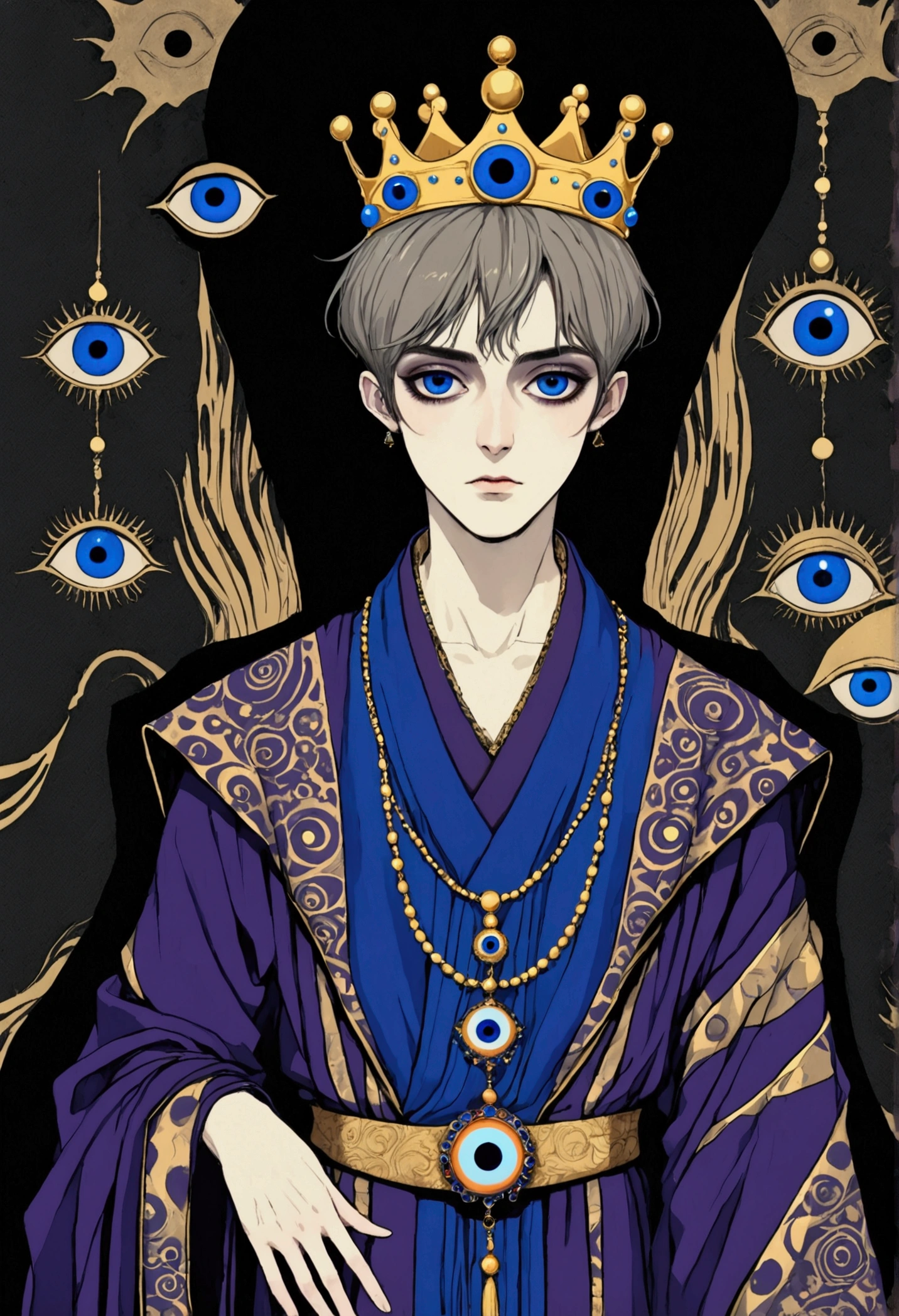 (((Harry Clark (Harry Clarke) style,圣地亚哥·卡鲁索style))),(((Third Eye Vision。king，crown，short hair，3d，Dark eyeshadow，whole body，robe)))，Wide Angle，Black and blue，Solid color background