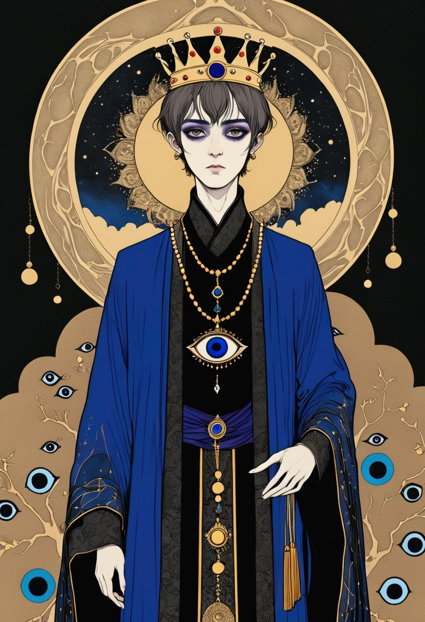 (((Harry Clark (Harry Clarke) style,圣地亚哥·卡鲁索style))),(((Third Eye Vision。king，crown，short hair，3d，Dark eyeshadow，whole body，robe)))，Wide Angle，Black and blue，Solid color background
