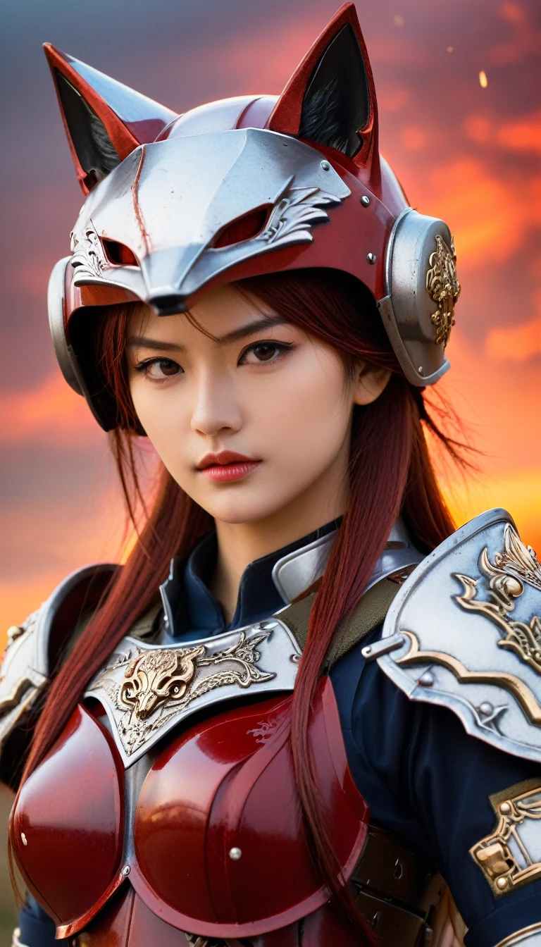 Close-up of a ((extremely beautiful fox-girl warior)), half human, half beast, their faces a bit partially obscured by military helmets, ((iron fox mask)). Their eyes are filled with sadness and longing. The background is a trail of blood and violence. SHe wears a mechanized robot armor, carved with animal elements, human skulls. The sky is filled with swirling, fiery clouds. The photo conveys a strong sense of the warrior's appearance