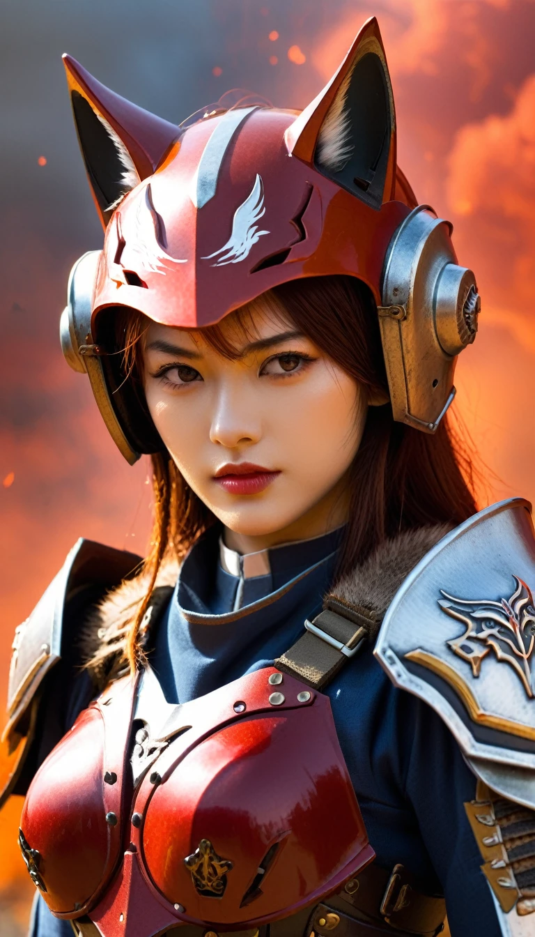 Close-up of a ((extremely beautiful fox-girl warior)), half human, half beast, their faces a bit partially obscured by military helmets, ((iron fox mask)). Their eyes are filled with sadness and longing. The background is a trail of blood and violence. SHe wears a mechanized robot armor, carved with animal elements, human skulls. The sky is filled with swirling, fiery clouds. The photo conveys a strong sense of the warrior's appearance