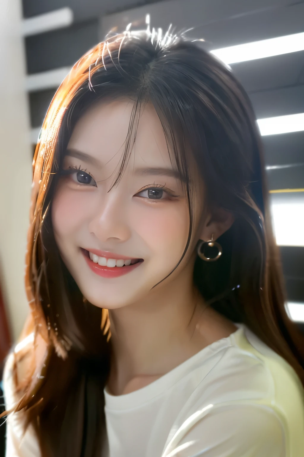 best quality, 4K, 8K, Masterpiece:1.2, Very detailed, realistic.:1.37, Portrait, 
25 years old woman. half thai half russian
,she looks like Idol
,brown eyes, Beautifully detailed eyes, Beautifully detailed lips, perceptive eyes, black hair,thin, pure and simple, calm expression,
She smiled brightly and cheerfully without parting her lips,
, Bedroom background, bright lights, wear wet white shirt not buttoned, Not wearing a bra
,frontal photo portrait,close up face