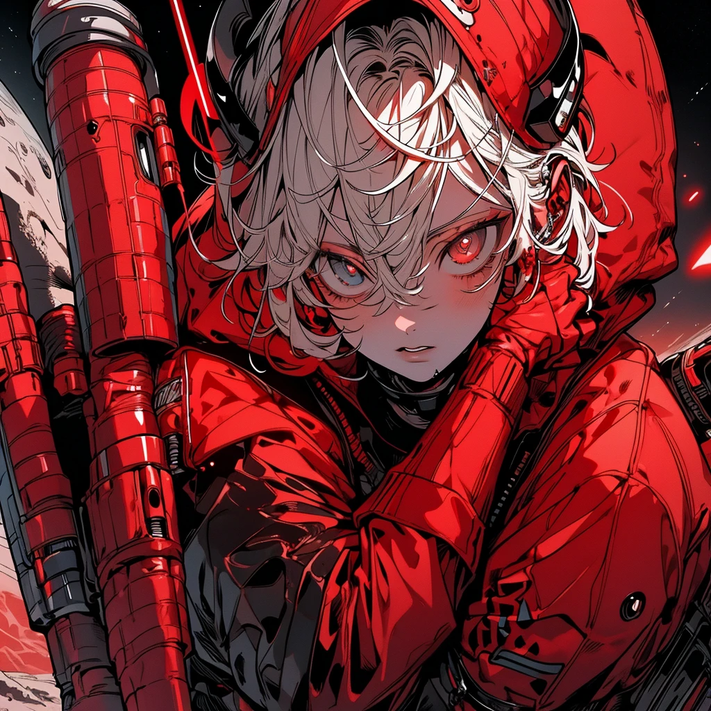 On the Moon, The main color is red, Holding_arms, no_human, Lower_eye, Droid, Milky Way Galaxy Background,neon,cyber punk, Highest quality, Tabletop, Absurd, Monochrome, Game CG,