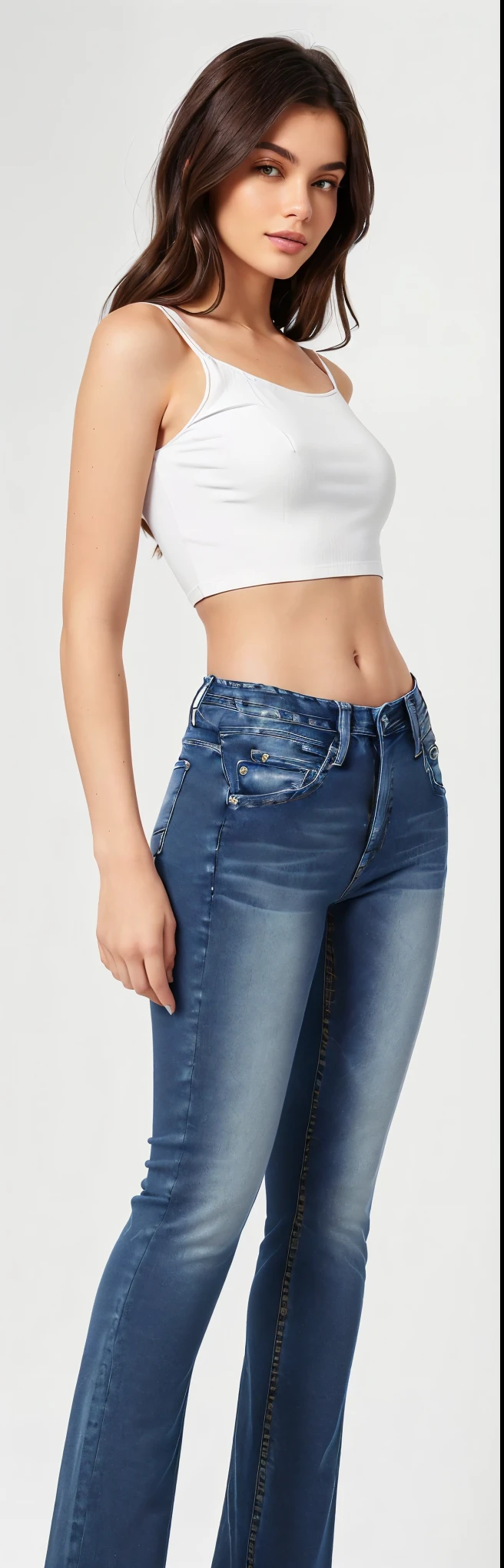 a woman in a basic white top and jeans posing for a photo, jeans, wearing pants, ( ( ( wearing pants ) ) ), Waist slender, blue jeans, jeans, jeans, Waist slender, exposed waist, denim trousers, shot from the middle of the waist up, with two front pockets, dark blue jeans, Waist slender e quadris grossos, with a Waist slender, small waist