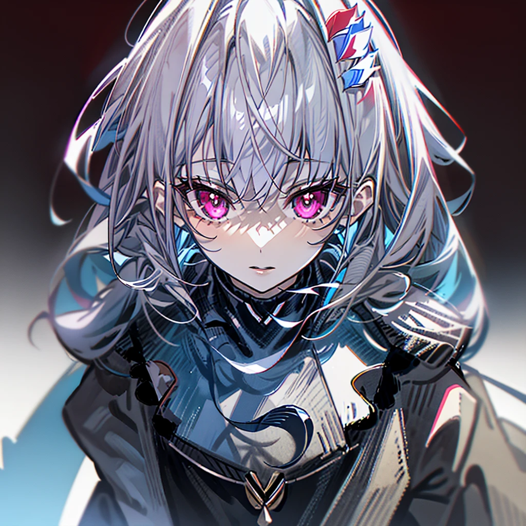 One boy, (Face close-up, masterpiece, Highest quality:1.2), 8k, Official Art, Absurd, Gothic, studded black leather jacket, Earrings, (Smoky red glitter eyeshadow, Glossy pinkish red lips:1.1), (Very dark white background:1.4), High resolution, Face Light, Ultra-realistic, High resolution, photograph, Film Grain, chromatic aberration, Sharp focus, High resolution, Face Light, Dynamic Lighting, Cinema Lighting, Professional Shadow, Dark Shadows, Most detailed, Very detailed, Super detailed, In detail, Real Skin, Delicate facial features, Detailed face and eyes, Sharp pupils, Realistic students, (Gray Hair:1.4)