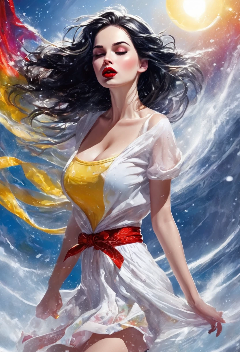 Eclipse of beautiful attractive snow white lady, flowing weather, lovely day, , perfect composition, breathtaking illustration, , , deep details, colorful knots,, reflections, colored cotton , shallow painting splashes, text "Fear", cleavage, sexy, thigh, short skirt