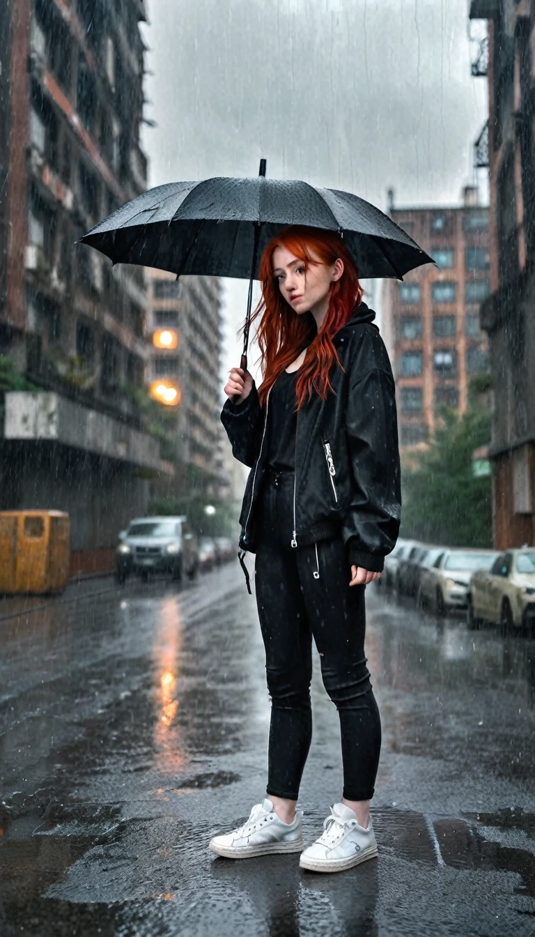 Red-haired girl with a black jacket, black pants, white sneakers, in the middle of an abandoned and raining city
