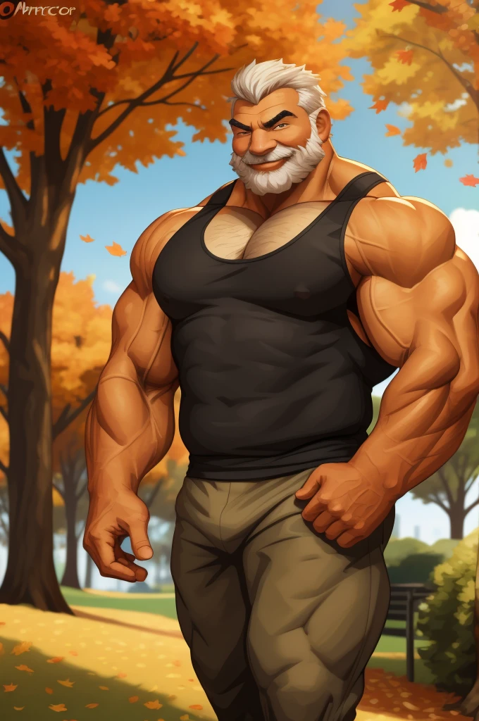 a muscular old man in park, tank top, happy, autumn, vector, mwvector, bokeh, smile, (masterpiece:1.2),(best quality,8k),huge and muscular,thick arms,short hair,white hair