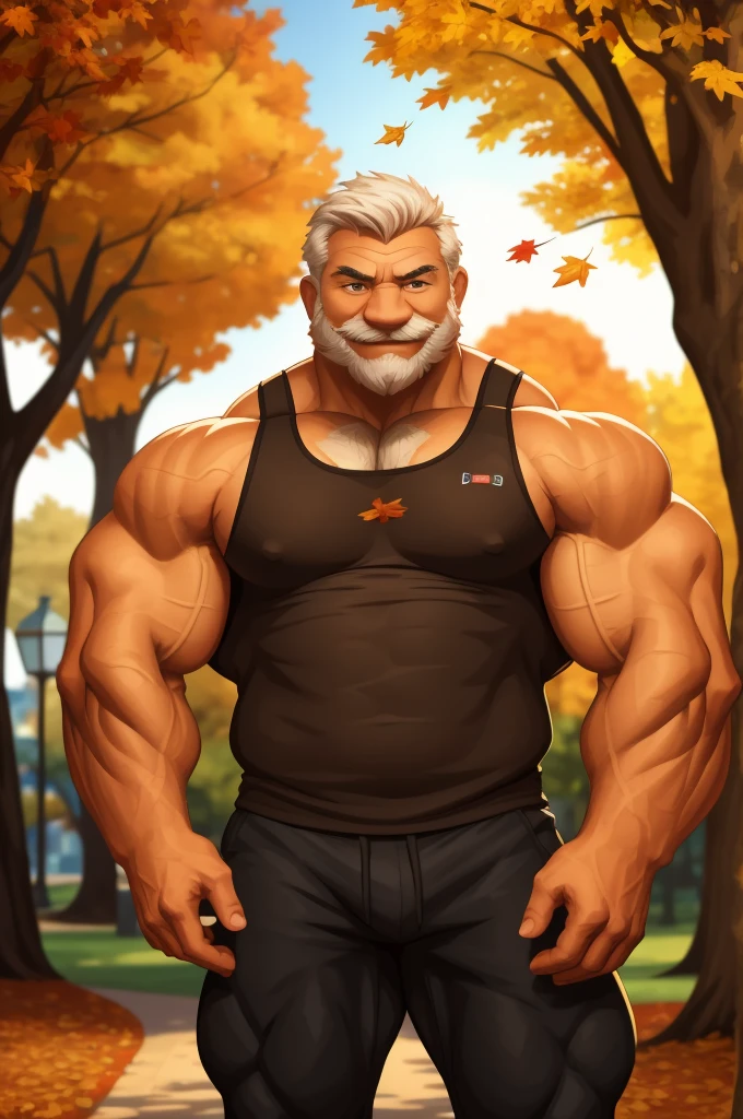 a muscular old man in park, tank top, happy, autumn, vector, mwvector, bokeh, smile, (masterpiece:1.2),(best quality,8k),huge and muscular,thick arms,short hair,white hair