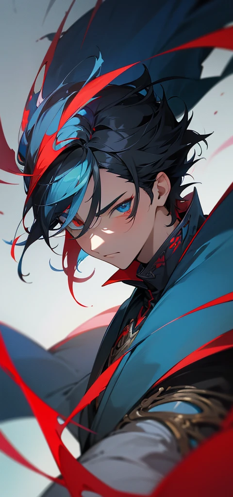 1 anime boy, short black hair, (((heterochromic blue and red))), blue clothes, detailed facial features, beautiful eyes, sharp facial structure, intricate clothing design, cinematic lighting, vibrant colors, highly detailed, digital art, masterpiece, studio quality, 8k