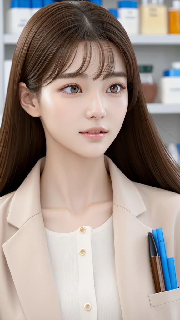 a young adult girl with Korean features,Their eyes are almond-shaped and expressive, with honey-colored irises. She has flawless skin and a captivating, long, straight dark brown hair,she is a scientist, She's in a laboratory, a white coat , Realist
