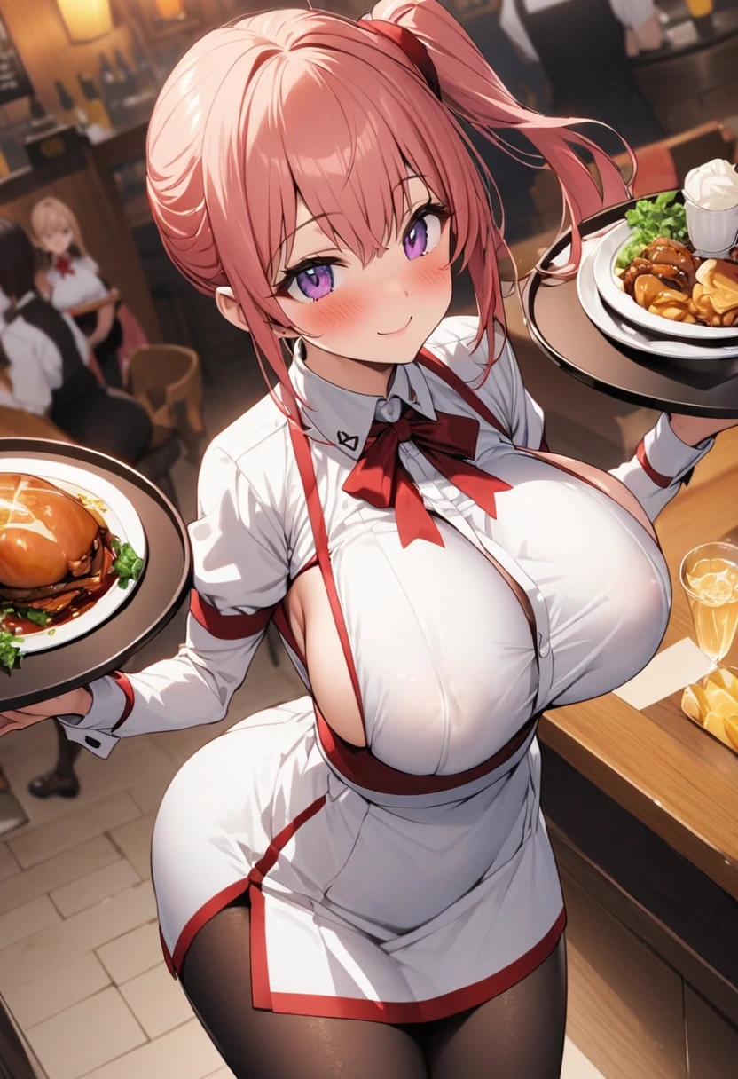 Boob Tray、One Woman、beautiful girl、waitress、20-year-old、Side Ponytail、restaurant、waitressの制服、Short skirt、Black Pantyhose、Holding the tray、Highest quality, smile,, Big Ass、Big Breasts、Very big 、Place your breasts on the tray、breast enhancement