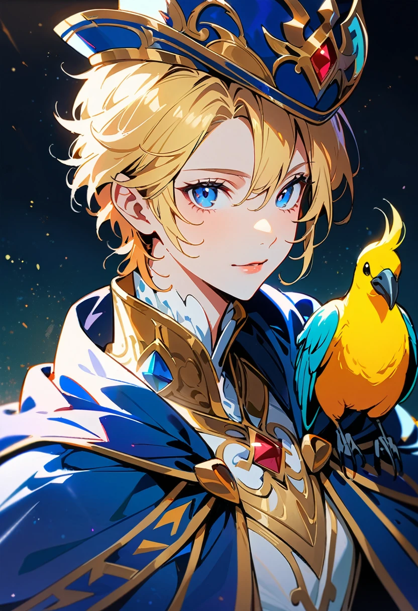 (Highest quality,4K,8k,High resolution,masterpiece:1.2),Very detailed,Vibrant colors,Beautiful details,Beautiful lip detail,Wearing a blue cape and hat、Anime character holding a bird, Portrait of the Magical Blonde Prince, Beautiful androgynous prince, Inspired by Le Chevalier, A delicate androgynous prince, Machiavelli&#39;s Puppet Master, okita sougo, Tall anime guy with blue eyes, [[[[smile wickedly]]]], Anime boy with orange hair,stylized cel shading,Dynamic pose,Neon cityscape background,Singing on the rooftop,Anime-style artwork,Happy and cheerful expression,Lens flare,The city lights reflected in my eyes,hatsune miku