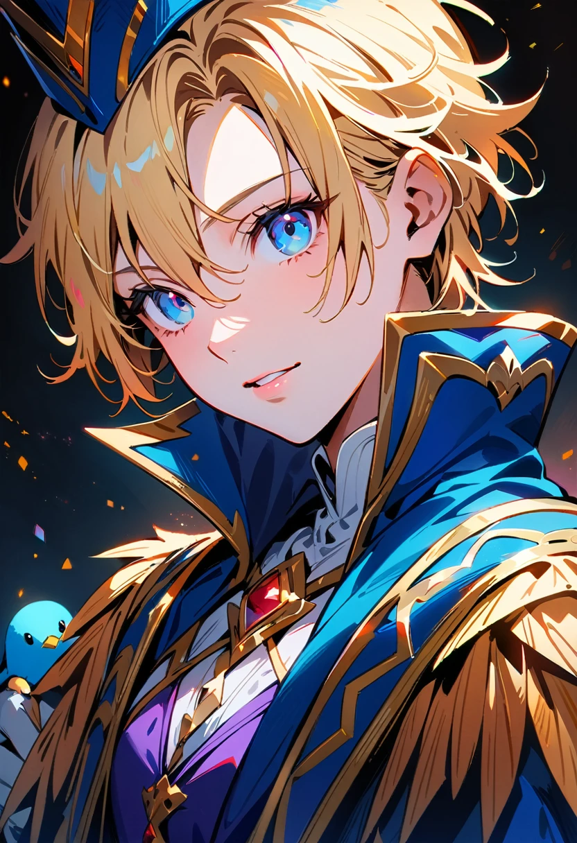 (Highest quality,4K,8k,High resolution,masterpiece:1.2),Very detailed,Vibrant colors,Beautiful details,Beautiful lip detail,Wearing a blue cape and hat、Anime character holding a bird, Portrait of the Magical Blonde Prince, Beautiful androgynous prince, Inspired by Le Chevalier, A delicate androgynous prince, Machiavelli&#39;s Puppet Master, okita sougo, Tall anime guy with blue eyes, [[[[smile wickedly]]]], Anime boy with orange hair,stylized cel shading,Dynamic pose,Neon cityscape background,Singing on the rooftop,Anime-style artwork,Happy and cheerful expression,Lens flare,The city lights reflected in my eyes,hatsune miku