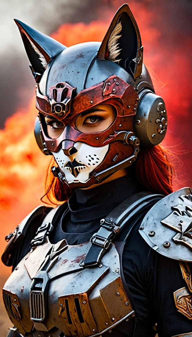 Close-up of a ((extremely beautiful fox-girl warior)), half human, half beast, their faces a bit partially obscured by military helmets, ((iron fox mask)). Their eyes are filled with sadness and longing. The background is a trail of blood and violence. SHe wears a mechanized robot armor, carved with animal elements, human skulls. The sky is filled with swirling, fiery clouds. The photo conveys a strong sense of the warrior's appearance
