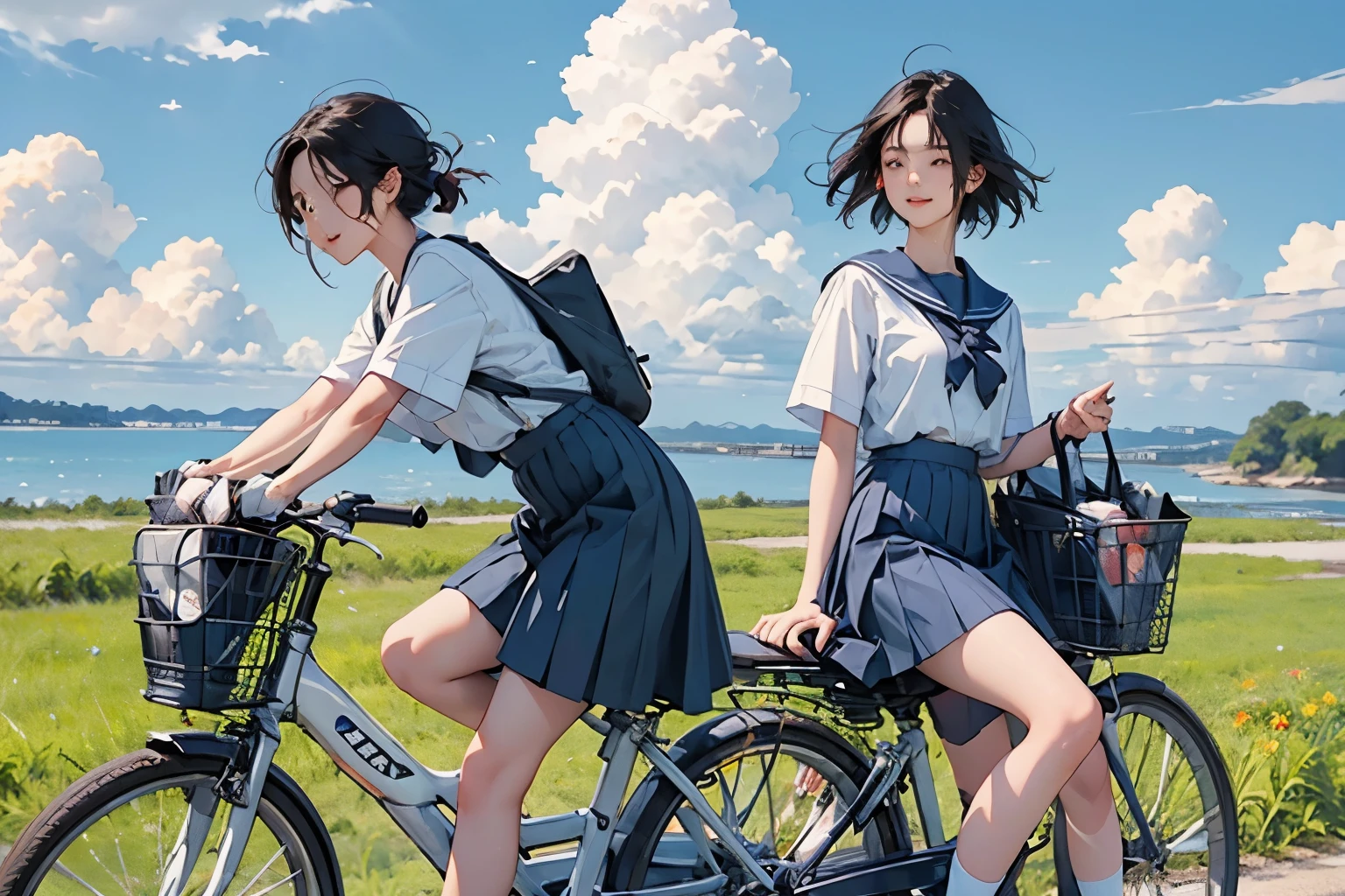 Two girls and two bicycles、(Two girls on bicycles riding side by side:1.2)、Beautiful  Japan woman、Hair color is black、black eye、Medium Hair、short hair、Straight hair、smile、slender but well-proportioned body,、They both wear the same uniform、Sailor suit、Short sleeve、White pleated skirt、Short skirt、Wear loafers、School Bags、summer、countryside、Long concrete road、A little overgrown grass、electric wire、Beautiful blue sky and white cumulonimbus clouds、Beautiful sea、Birds are flying、Highest quality、detailed、