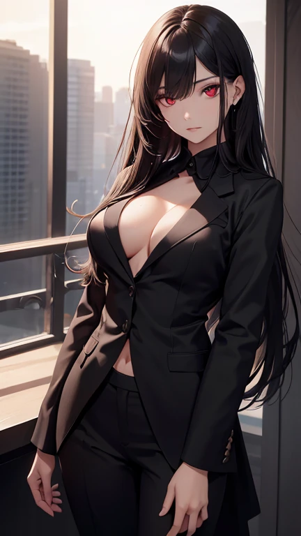 Highest quality, Soft Light, Ultra-high resolution,young woman, alone, sexy, (Grim face), (Red eyes), Beautiful face in every detail,(High resolution detail of human skin texture), (Black long hair), Dress shirt,Suit pants,Mercenary-like woman