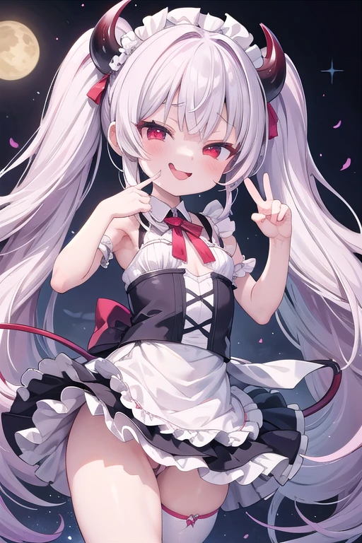 独奏,Whole body、(looking back over their shoulder), Young face、long silver Hair、long Twin tails、Spoiled brat、Immature body、(Small breasts)、smile、(Thick thighs:1.5)、red eyes、Backwards、looking at viewer、Open mouth、double teeth、fang、blushing and sticking out her cute tongue, tongue out、sensational、Back view, Character portrait, whole body、hand sign、Maid clothes、Frilly clothes、little demon's horns and a tail、Slanted eyes、big Buttocks、peace sign、wearing a Magical girl costume、Night view