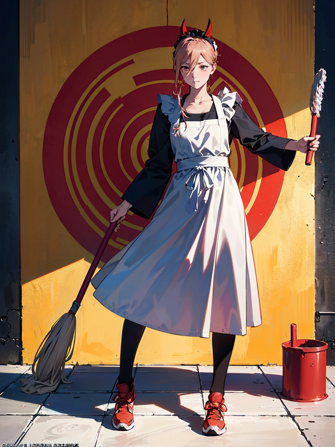 ((１woman)),(Maid outfit k:1.5、White over-the-knee socks、Absolute area、apron、Holding a green-handled mop, Red Corner)), masterpiece，Red Corner, ((Red Corner)), full body, (masterpiece, Highest quality, 8k, 1 person, A perfectly balanced body, Official Art、Highest quality、 8k wallpaper、32K、masterpiece、Ultra-detailed、high resolution、Realistic、Photorealistic:1.2), , clavicle:1.2,
