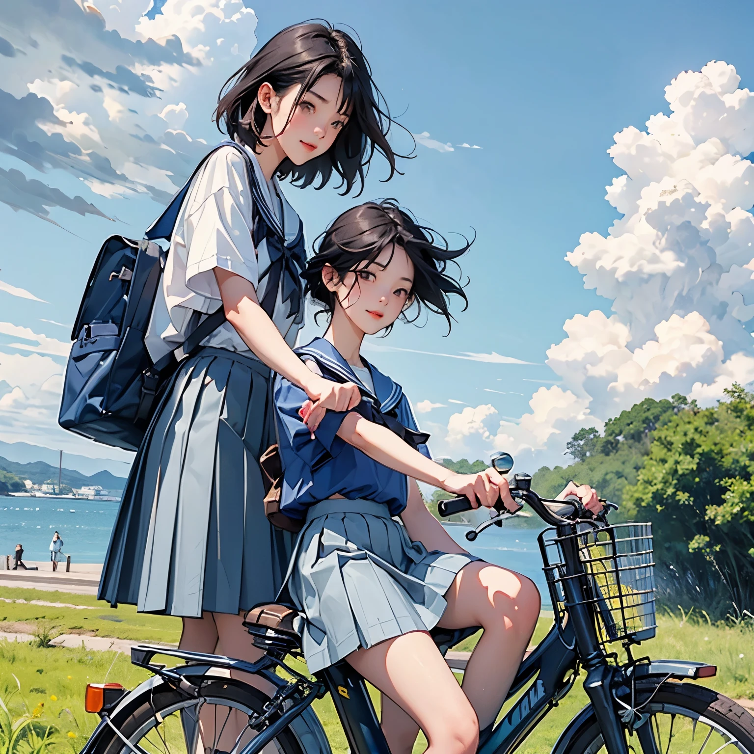 Two girls and two bicycles、(Two girls on bicycles riding side by side:1.2)、Beautiful 17 year old Japan woman、Hair color is black、black eye、Medium Hair、short hair、Straight hair、smile、slender but well-proportioned body,、They both wear the same uniform、Sailor suit、Short sleeve、White pleated skirt、Short skirt、Wear loafers、School Bags、summer、countryside、Long concrete road、A little overgrown grass、electric wire、Beautiful blue sky and white cumulonimbus clouds、Beautiful sea、Birds are flying、Highest quality、detailed、