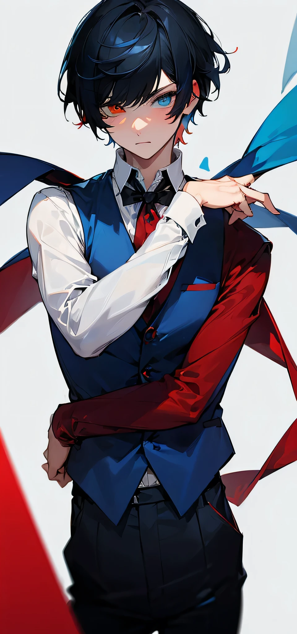 ((((nobackground)))),1boy, shorthair, dark black hair, (((heterochromic,red&blue))),vest, blue Clothes,