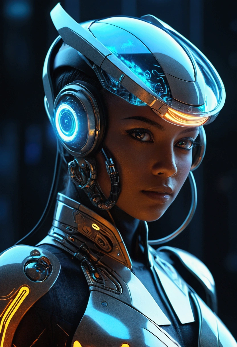 (female Protogen),cyberpunk,mechanical,glowing eyes,metallic surface,digital display,advanced technology,futuristic,neon lights,electromagnetic field,sharp edges,streamlined design,digital organism,biomechanical,mysterious atmosphere,glass visor,enhanced senses,energetic pose,invisible circuits,holographic projections,colorful wires,female cyborg