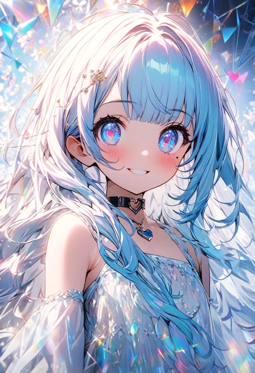 masterpiece, best quality, extremely detailed, (illustration, official art:1.1), 1 girl ,(((( light blue long hair)))), ,(((( light blue long hair)))),light blue hair, , long hair ((blush)) , cute face, big eyes, masterpiece, best quality,(((((a very delicate and beautiful girl))))),Amazing,beautiful detailed eyes,blunt bangs((((little delicate girl)))),(((tareme))),droopy eyes.(true beautiful:1.2), sense of depth,dynamic angle,,,, affectionate smile, (true beautiful:1.2),,(tiny 1girl model:1.2),)(flat chest),,beautiful flower々）,mole under eye, heart shaped choker, (masterpiece, highest quality), official art, beautiful and aesthetic: 1.2), (1 girl), very detailed, (geometry art: 1.3), colorful、 whole body
