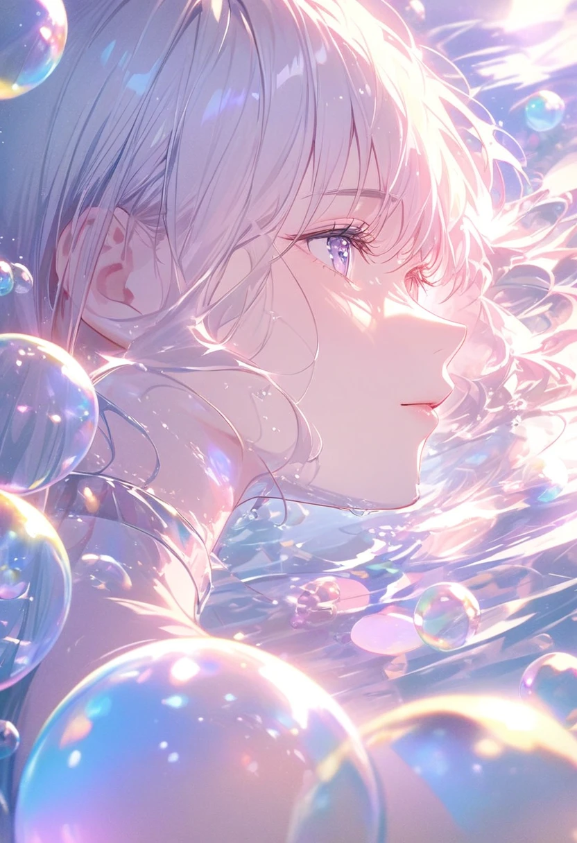 A person lying in the water，With smooth abstraction，Reflection and mirror styles，Transparent light pink，Shimizu，White soap bubbles，Bokeh photos，Close-up from the neck up，Head close-up