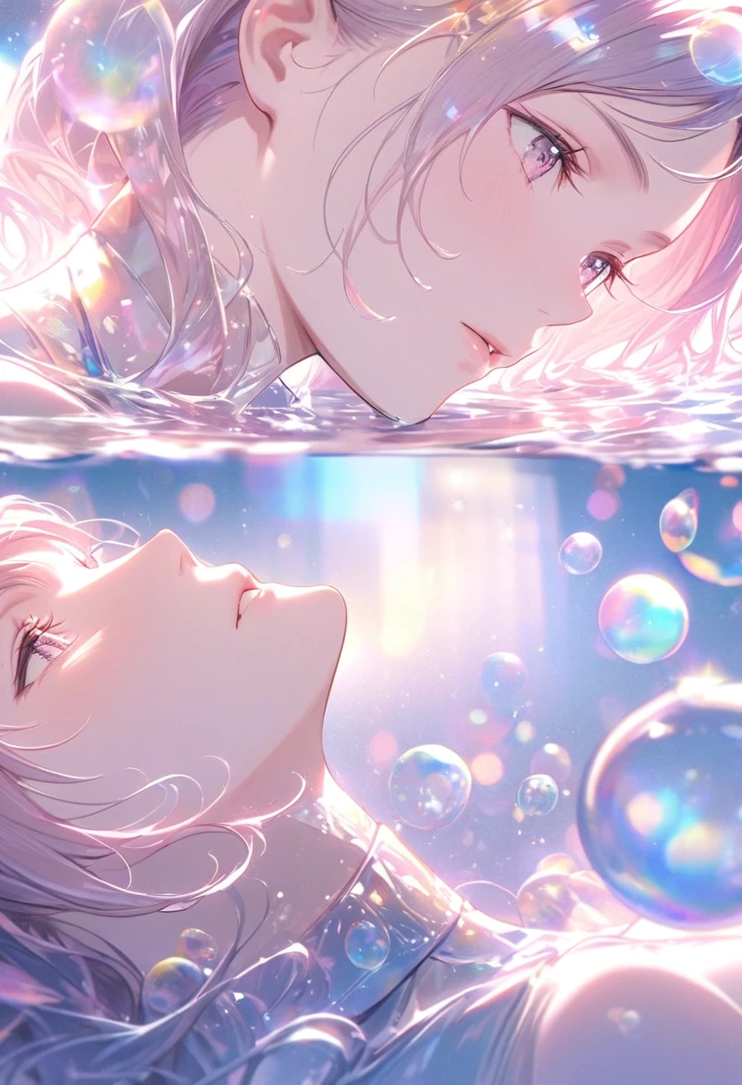 A person lying in the water,With smooth abstraction,Reflection and mirror styles,Transparent light pink,Shimizu,White soap bubbles,Bokeh photos,Close-up from the neck up,Head close-up