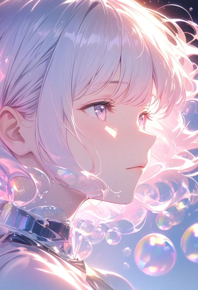 A person lying in the water，With smooth abstraction，Reflection and mirror styles，Transparent light pink，Shimizu，White soap bubbles，Bokeh photos，Close-up from the neck up，Head close-up