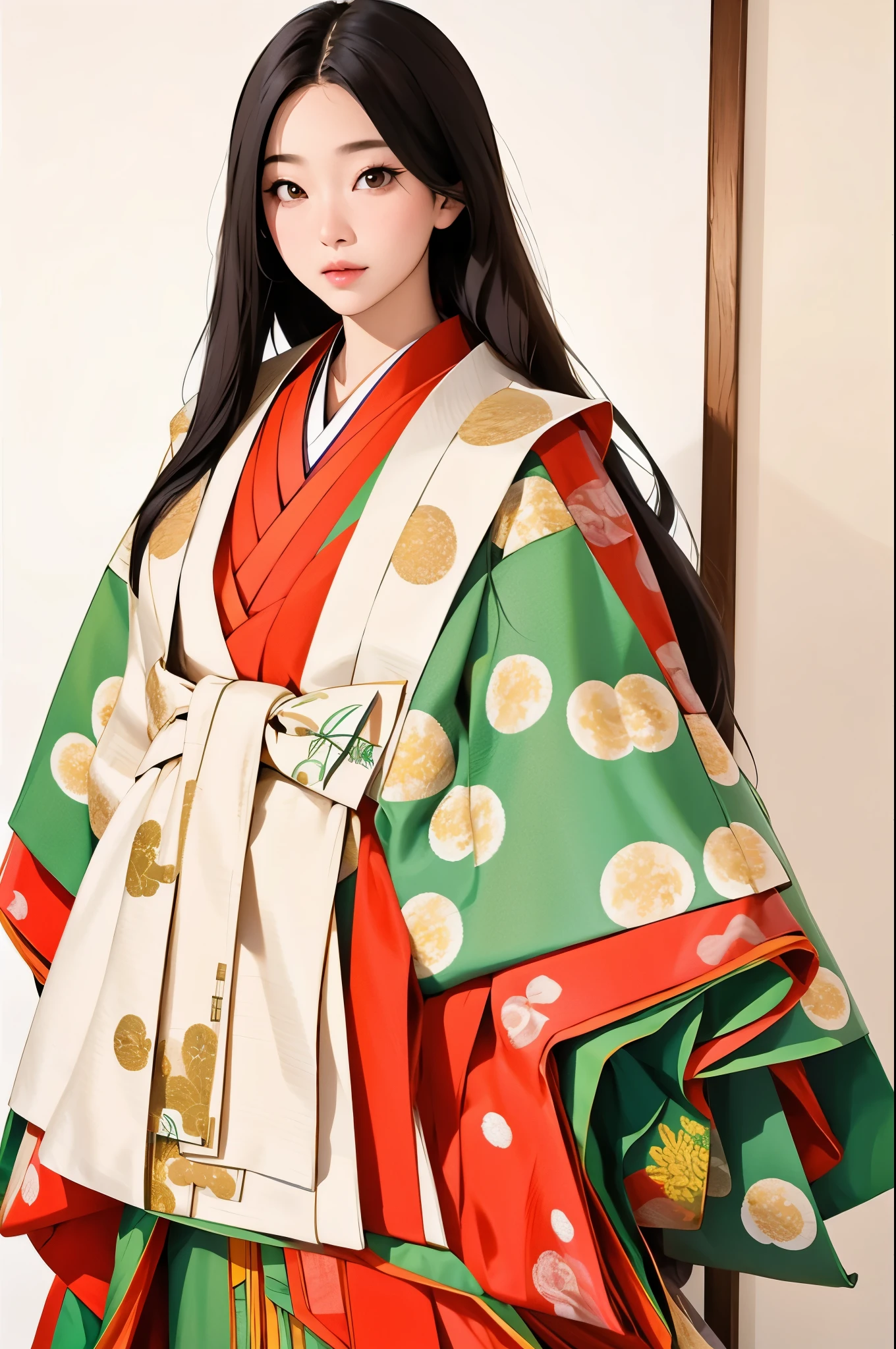 (masterpiece, highest quality:1.2), One girl, (beautiful japanese girl:1.2), juni-hitoe, solo, (upper body), Straight long black hair、hiogi、court crest print, itutuginu, kasanenoirome, munamoto itutugine, sodeguchi itutuginu, suso itutuginnu, detail, Blank background, white background,